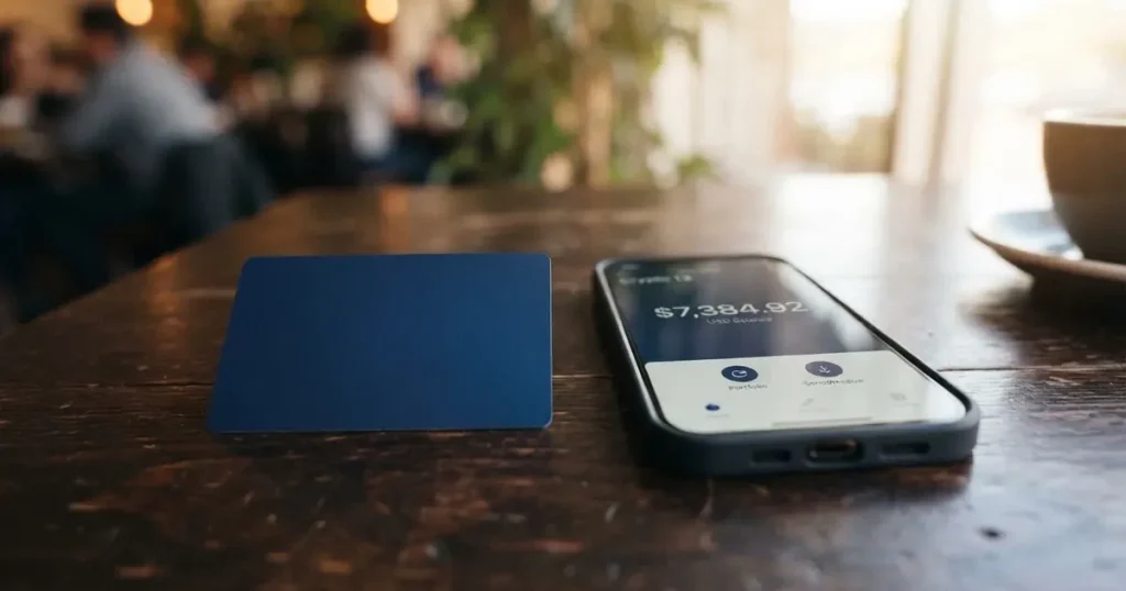 A payment card next to a phone with a crypto wallet app open