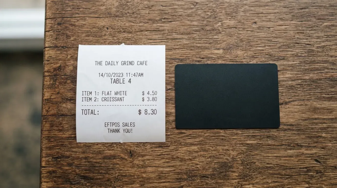 A receipt and a card on a café table