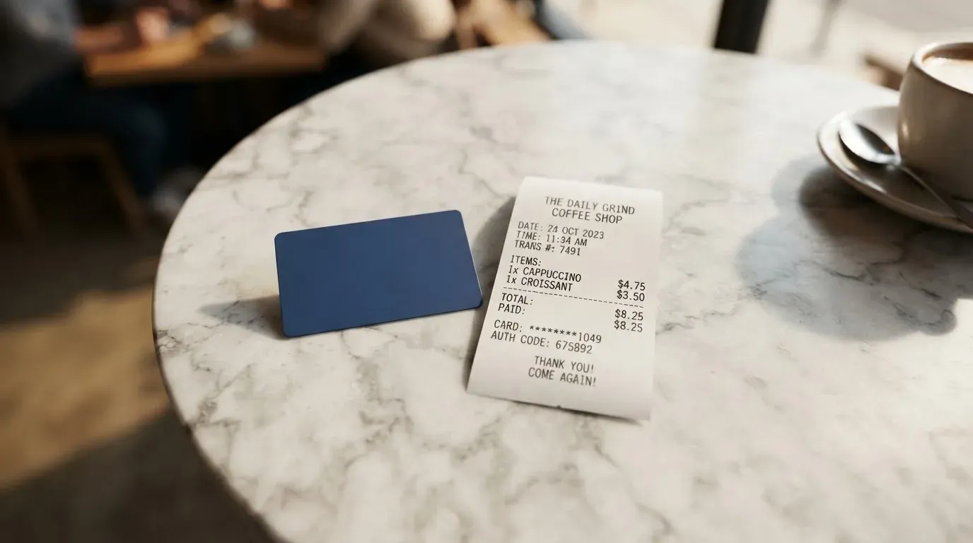 A receipt and a card on a café table