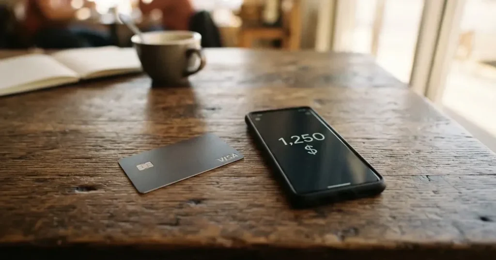 A payment card next to a phone with a crypto wallet app open