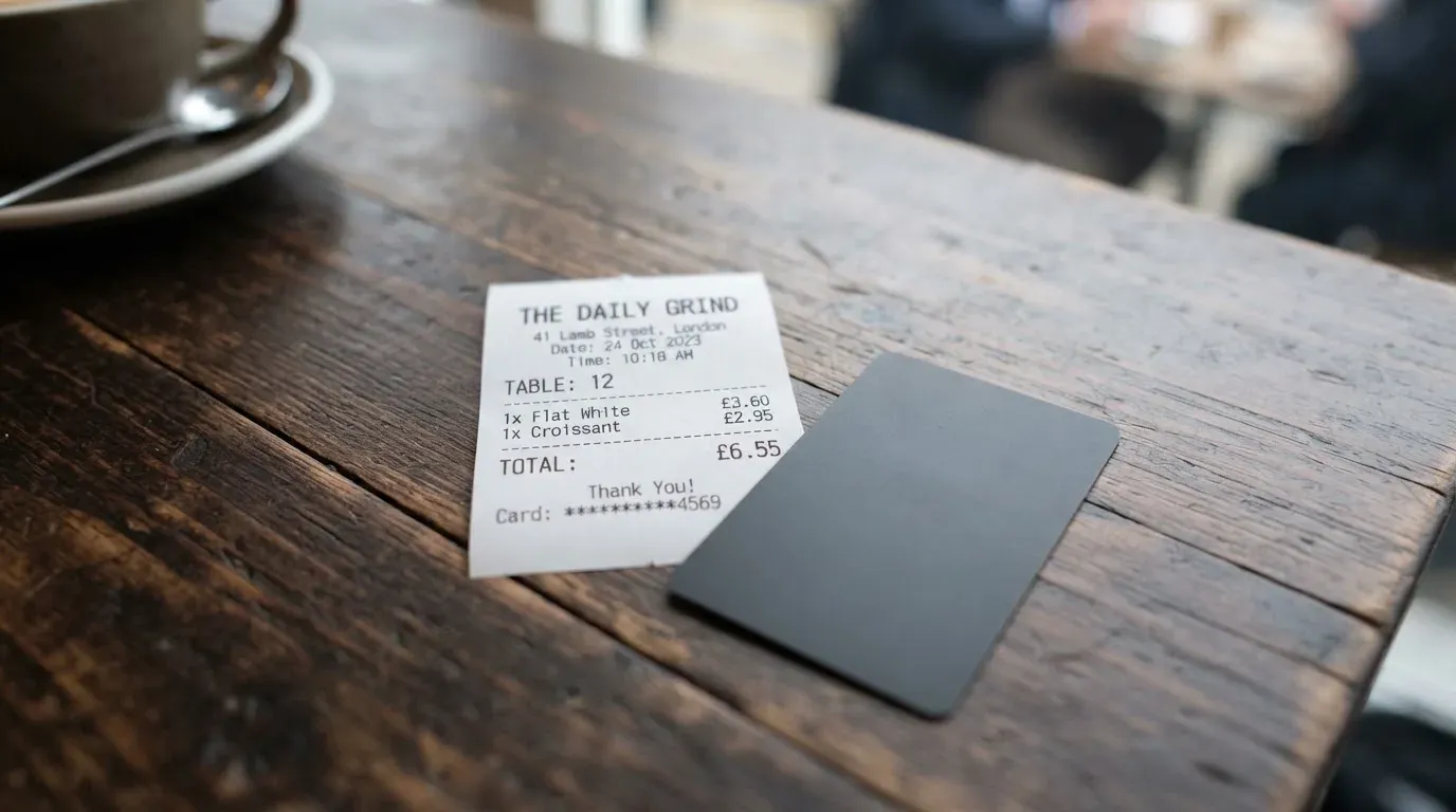 A receipt and a card on a café table