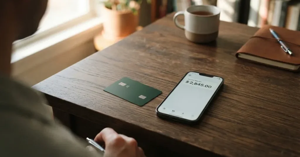 A payment card next to a phone with a crypto wallet app open
