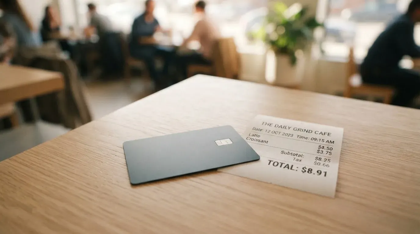 A receipt and a card on a café table