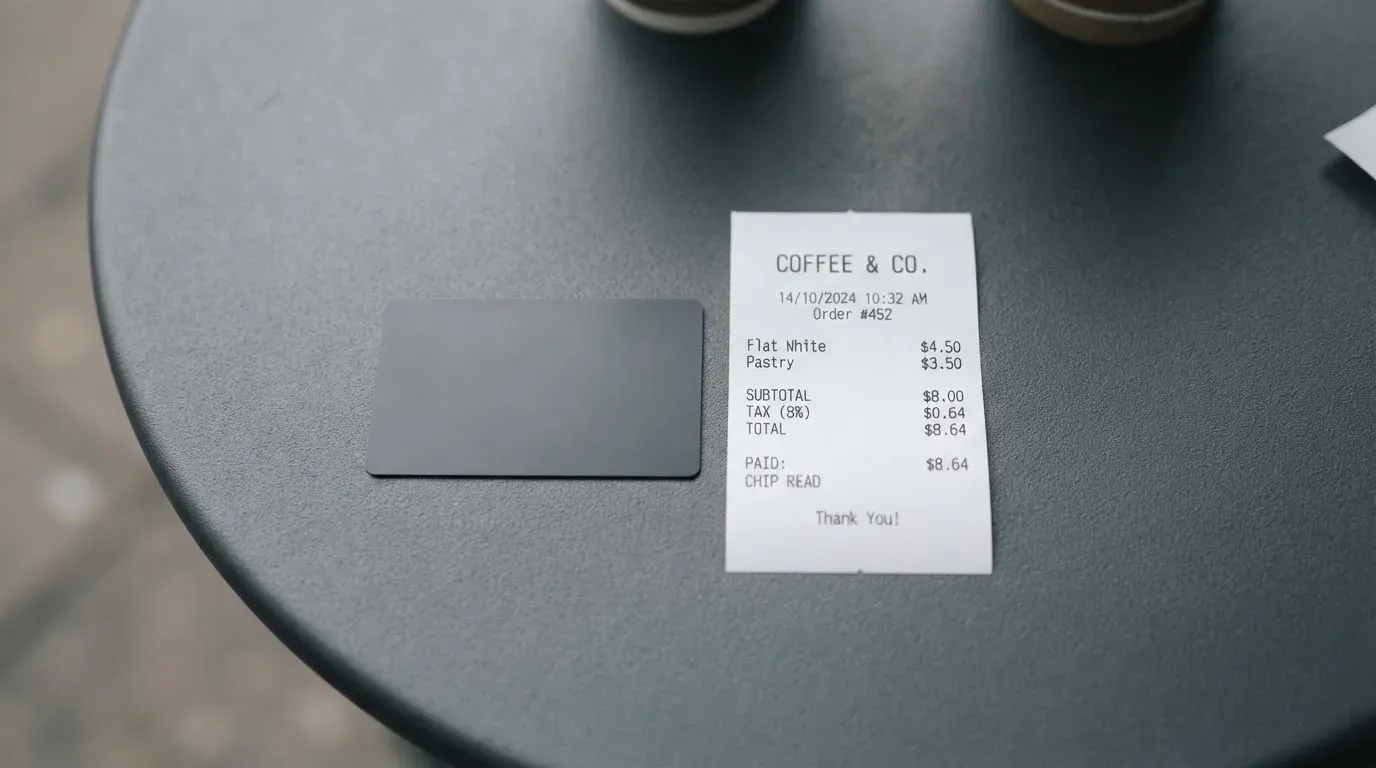 A receipt and a card on a café table