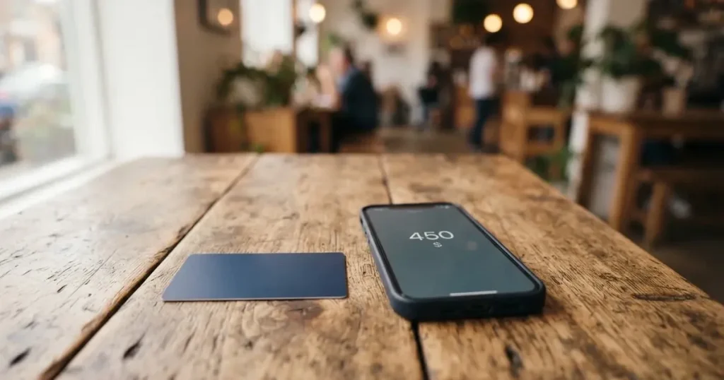 A payment card next to a phone with a crypto wallet app open