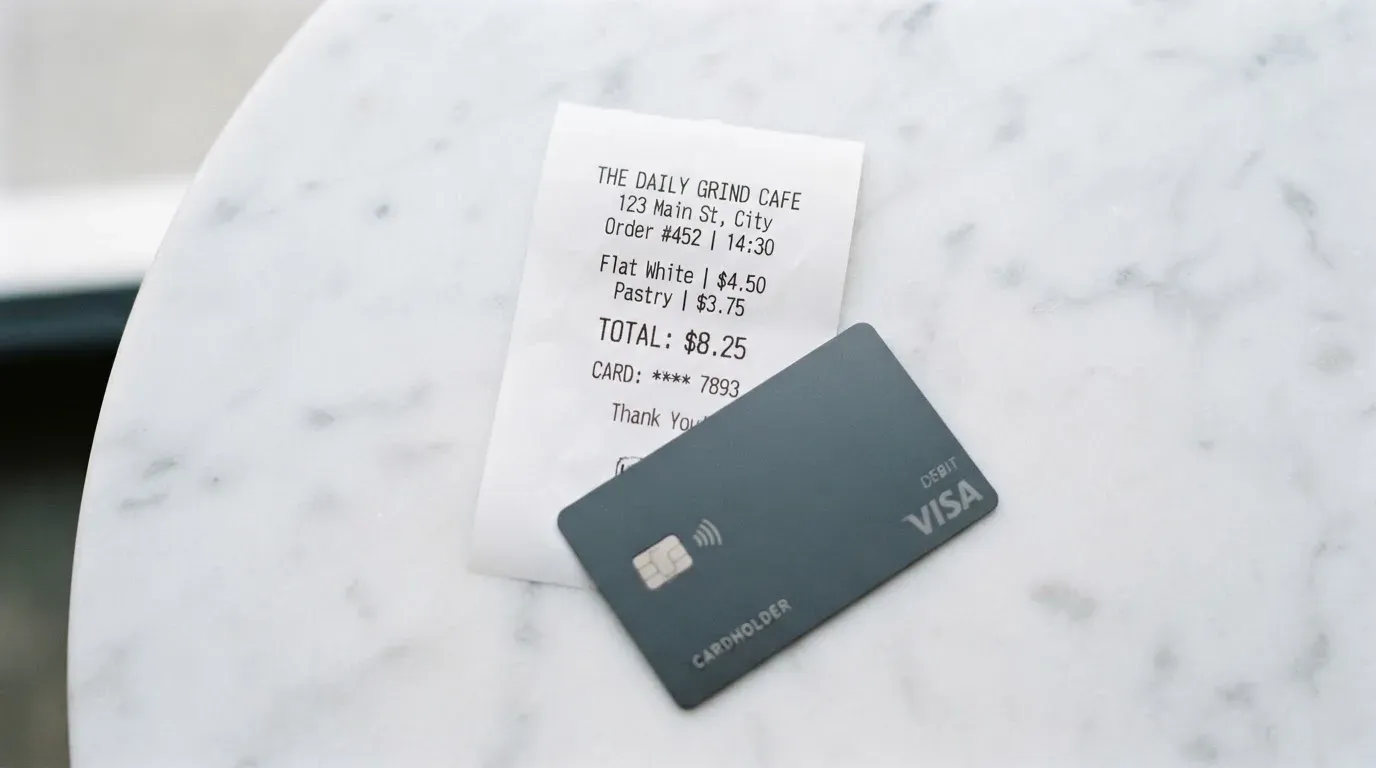 A receipt and a card on a café table