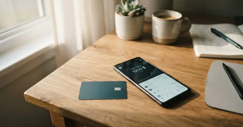 A payment card next to a phone with a crypto wallet app open