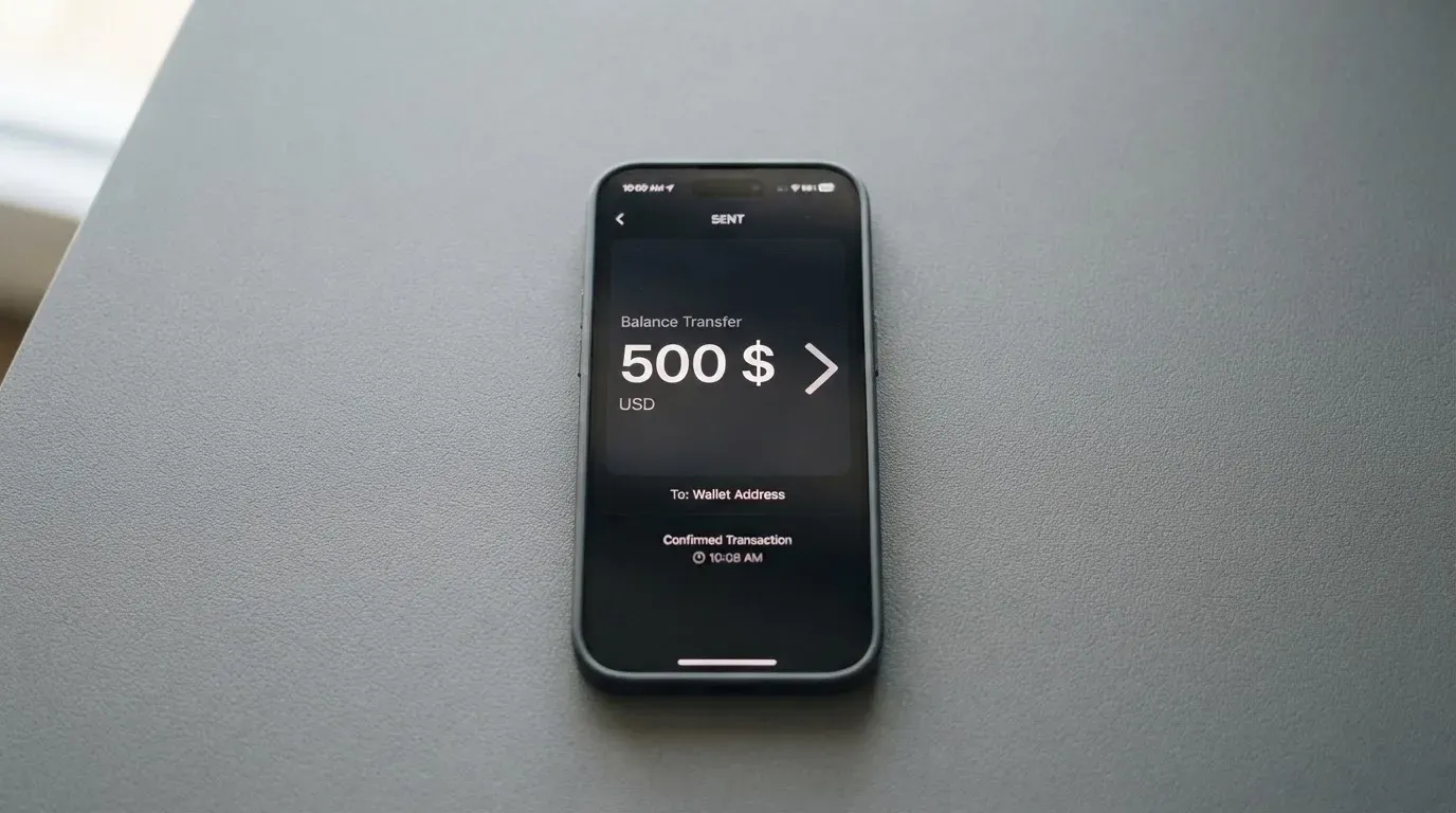 A phone showing a stablecoin transfer screen