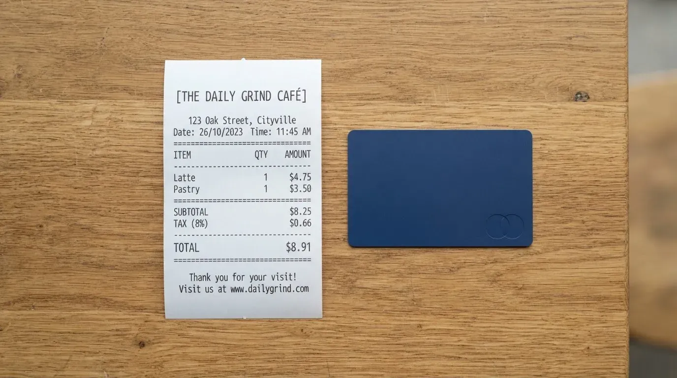 A receipt and a card on a café table