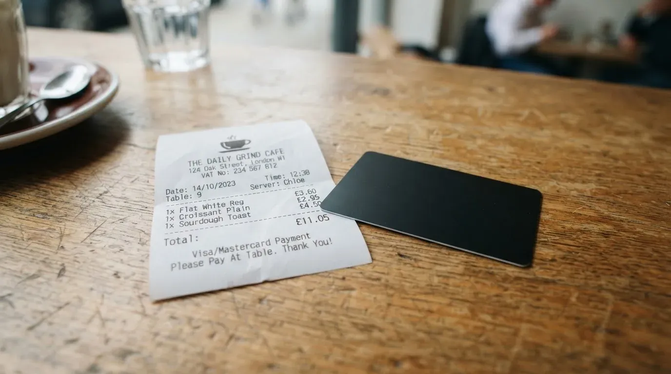 A receipt and a card on a café table