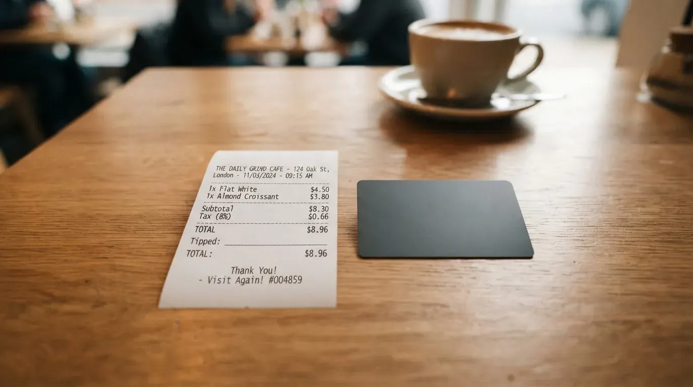 A receipt and a card on a café table