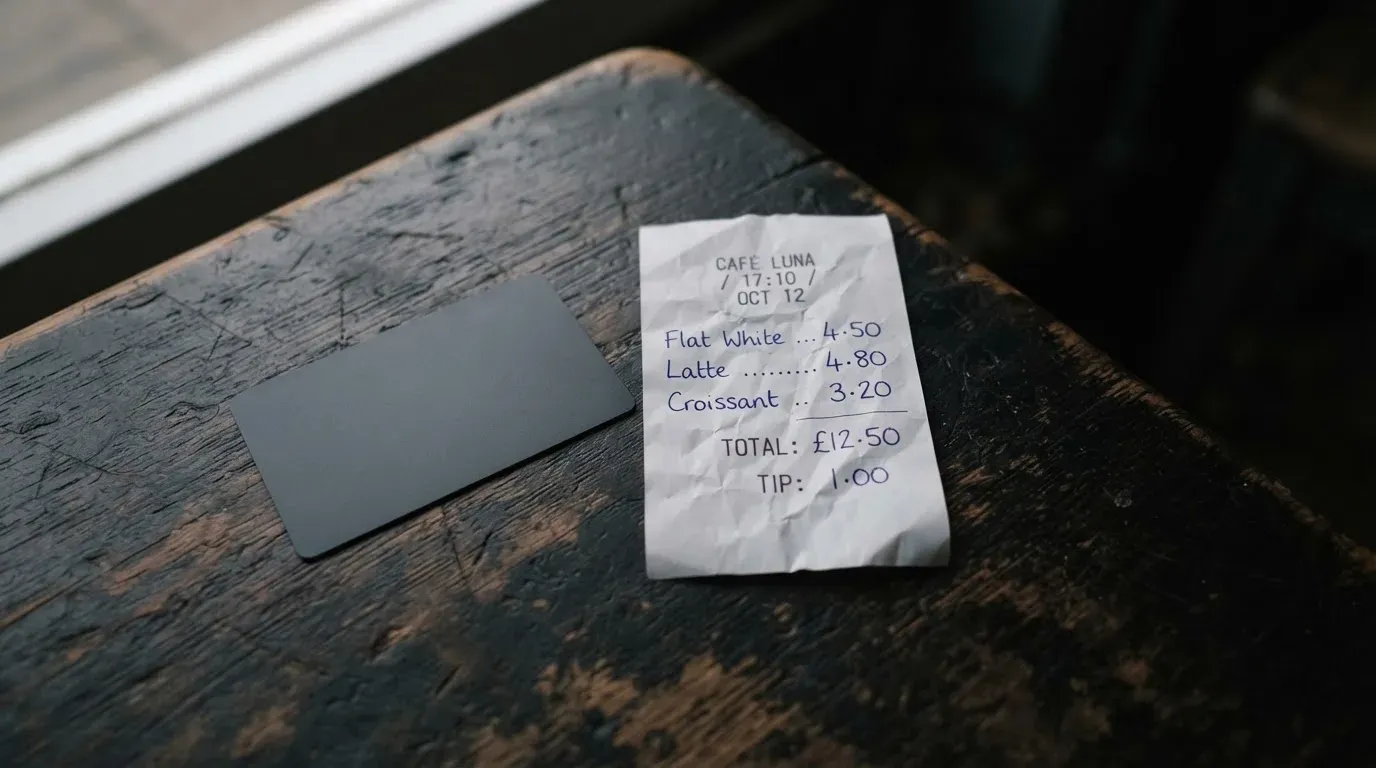 A receipt and a card on a café table