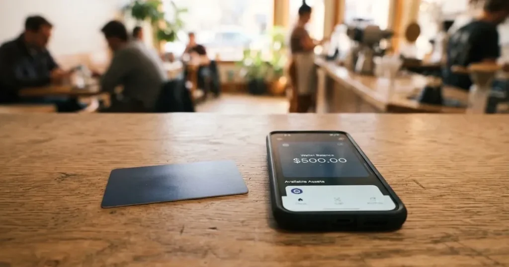 A payment card next to a phone with a crypto wallet app open