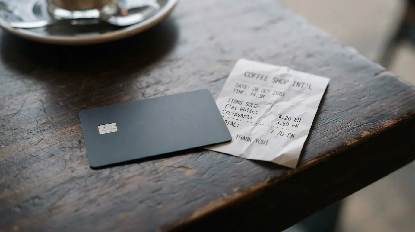 A receipt and a card on a café table
