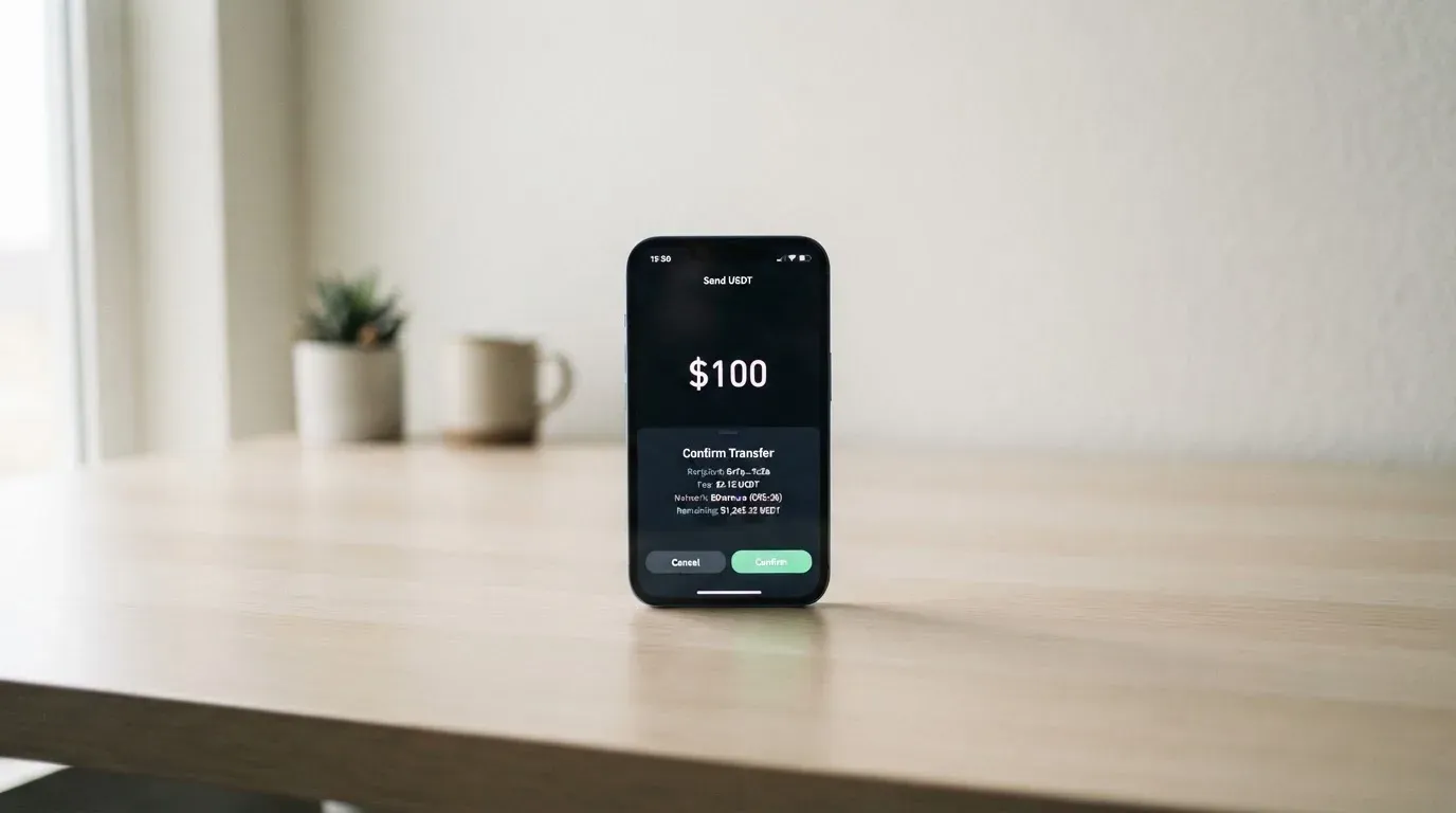 A phone showing a stablecoin transfer screen