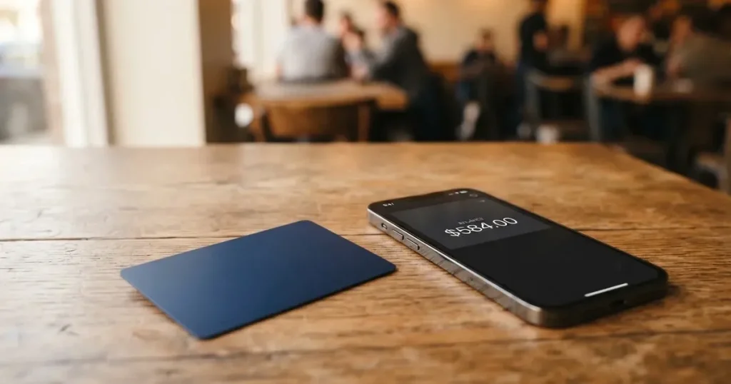 A payment card next to a phone with a crypto wallet app open