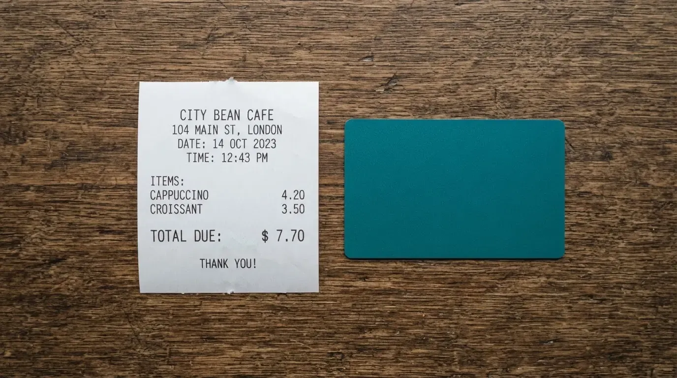 A receipt and a card on a café table