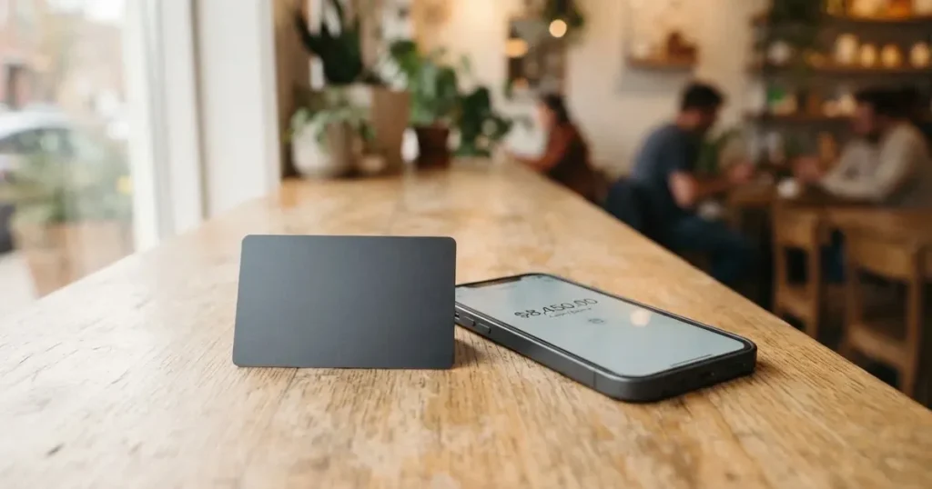 A payment card next to a phone with a crypto wallet app open