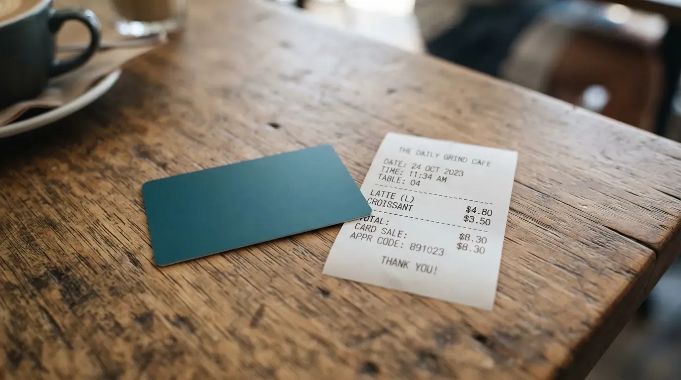 A receipt and a card on a café table