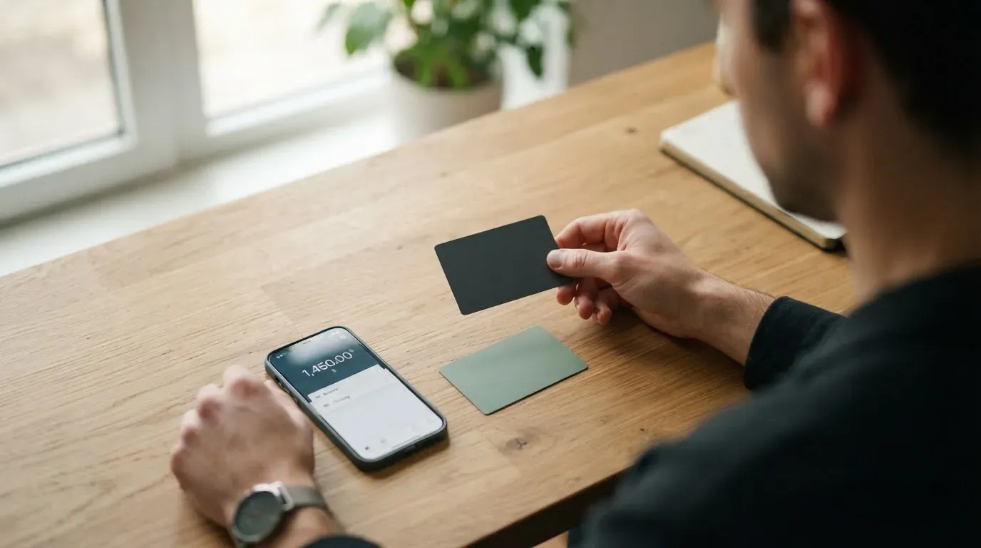 A person comparing two payment cards at a desk with a laptop