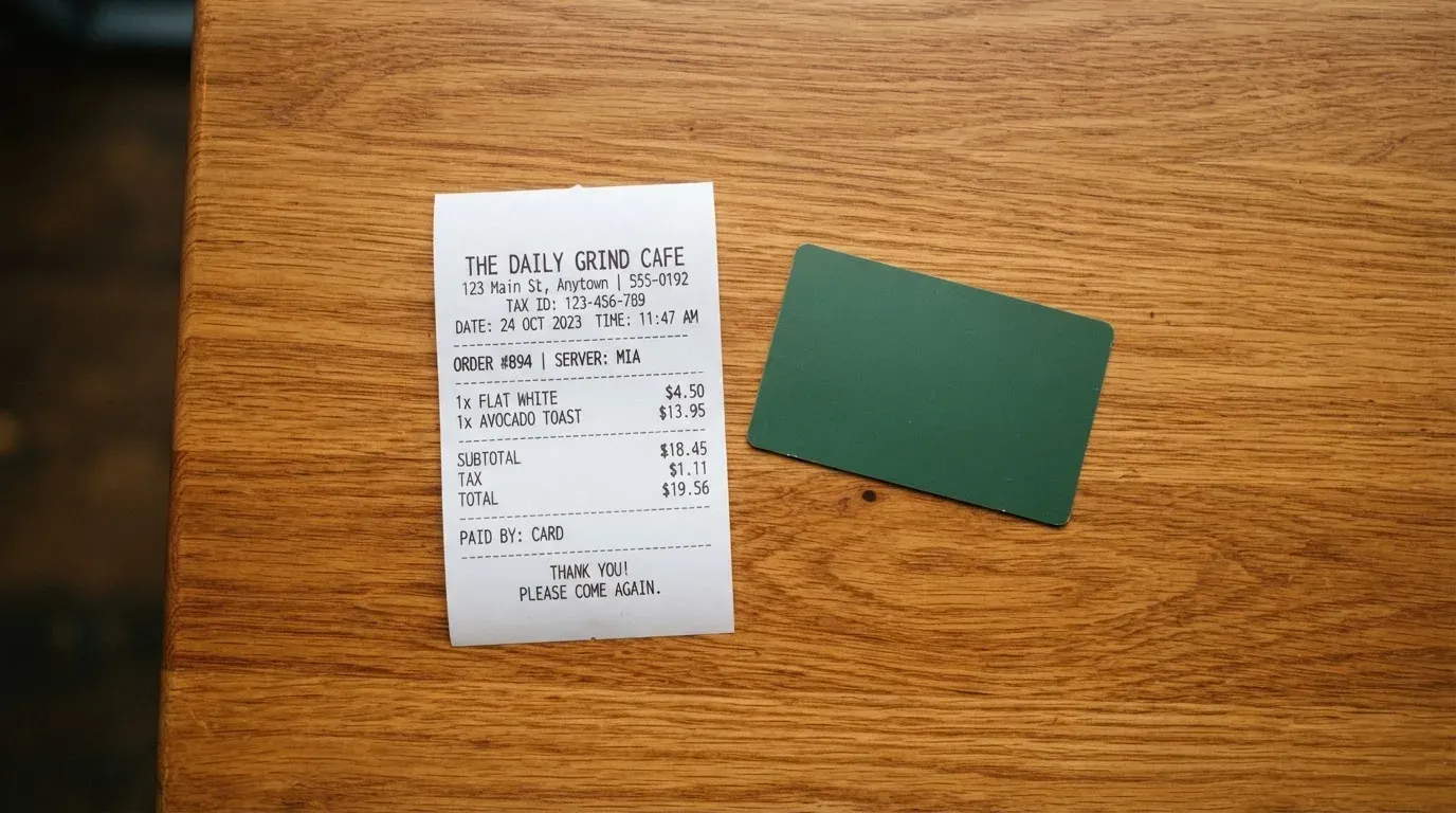 A receipt and a card on a café table