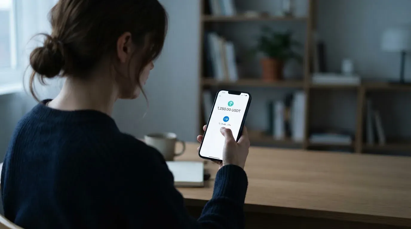 A phone showing a stablecoin transfer screen