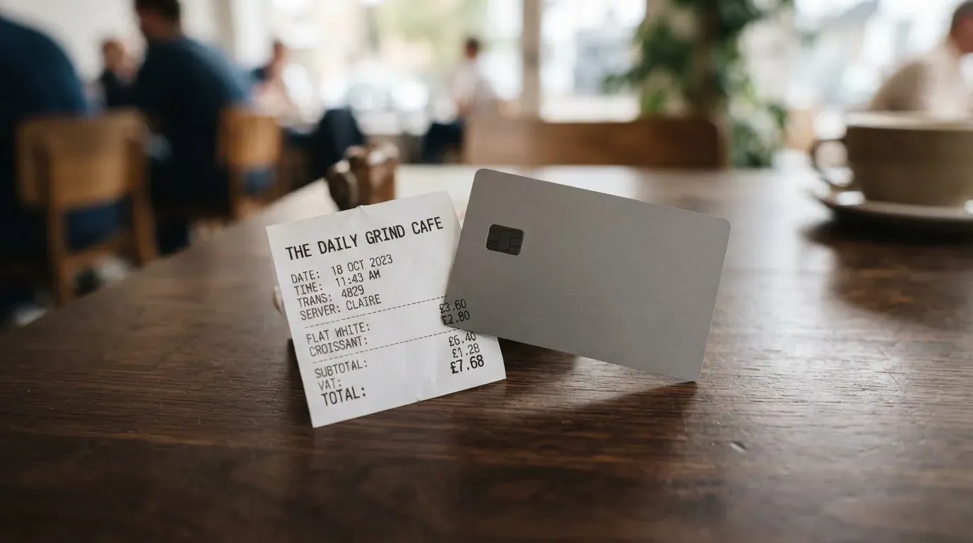 A receipt and a card on a café table