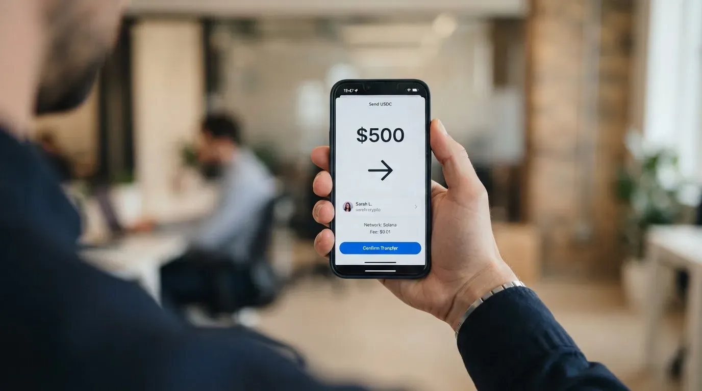 A phone showing a stablecoin transfer screen
