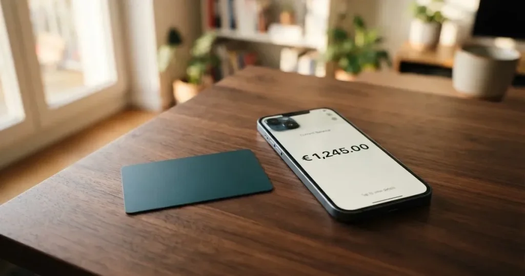 A payment card next to a phone with a crypto wallet app open