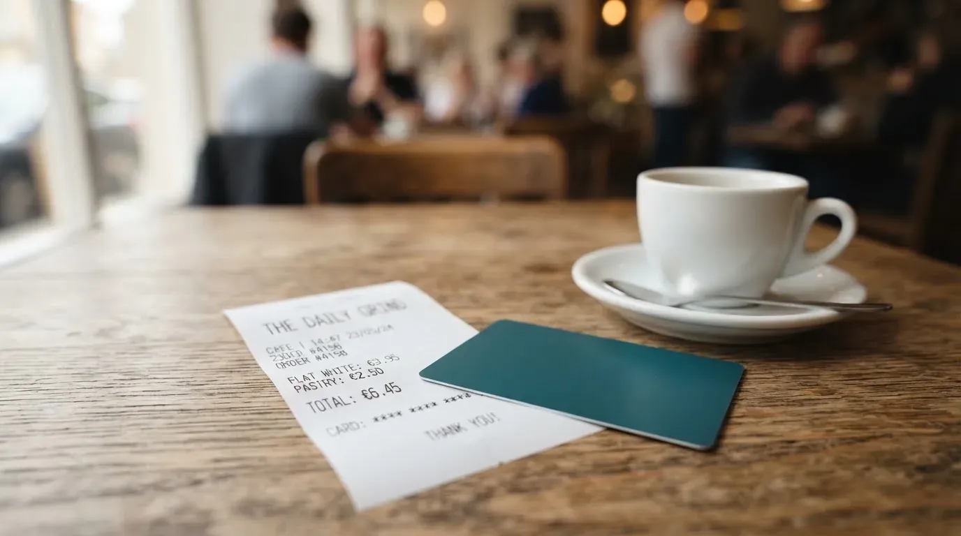 A receipt and a card on a café table