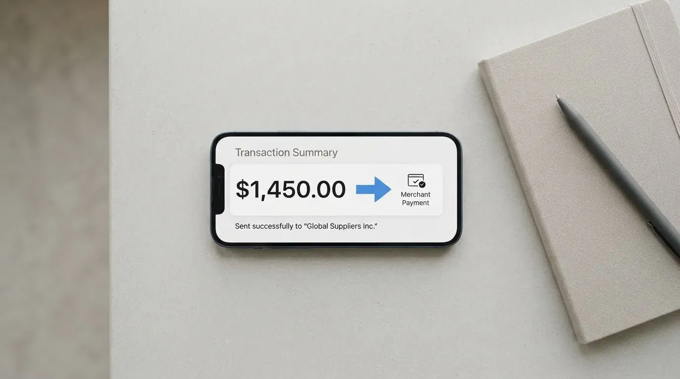 A phone showing a stablecoin transfer screen