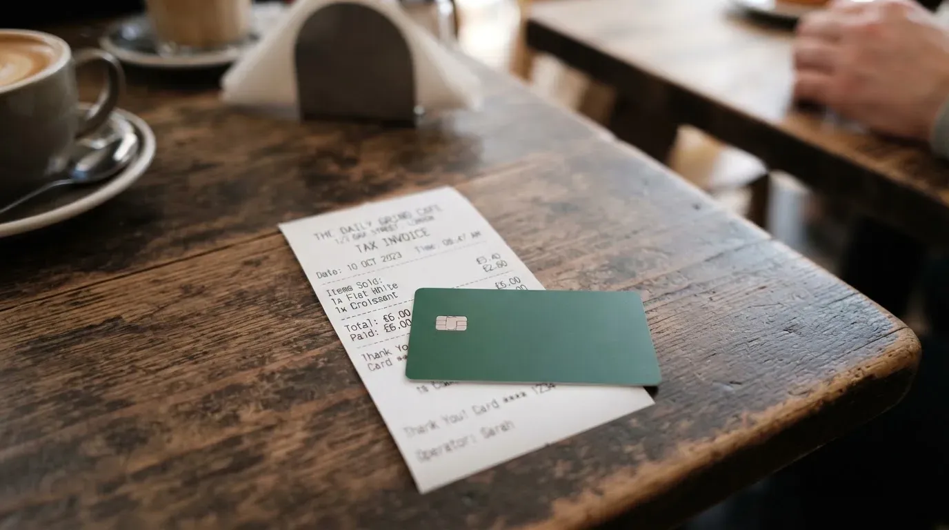 A receipt and a card on a café table