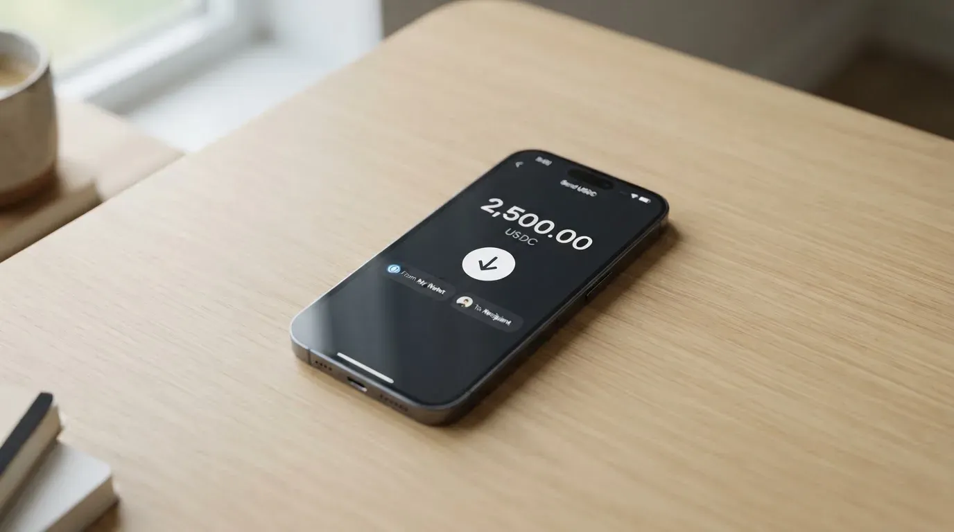 A phone showing a stablecoin transfer screen