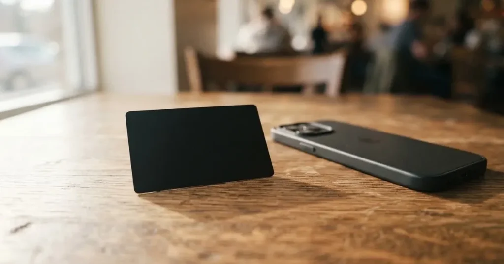 A payment card next to a phone with a crypto wallet app open