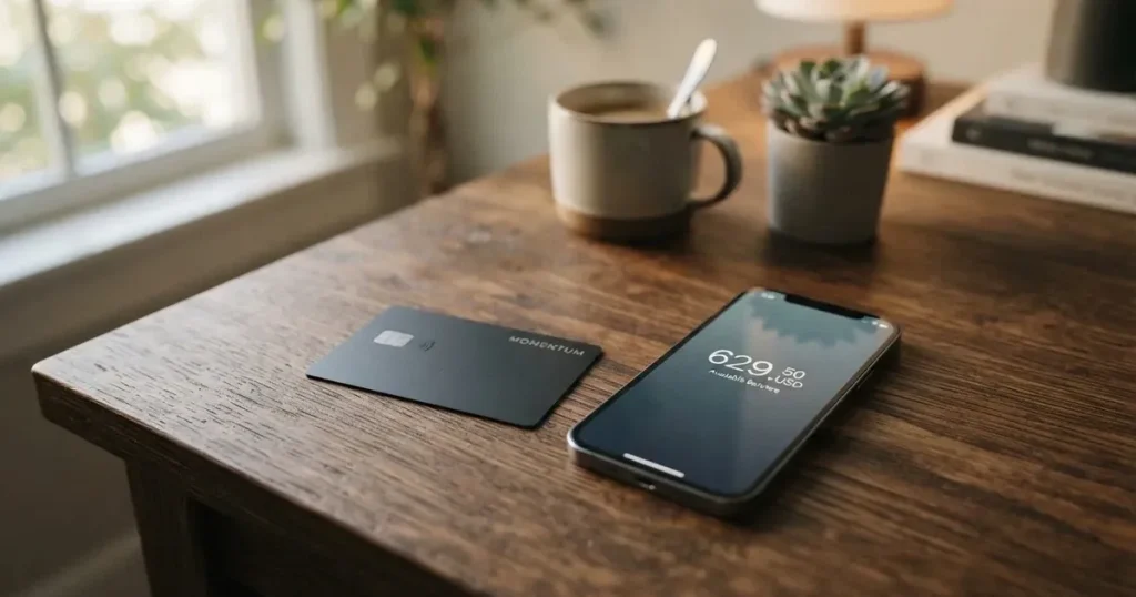 A payment card next to a phone with a crypto wallet app open