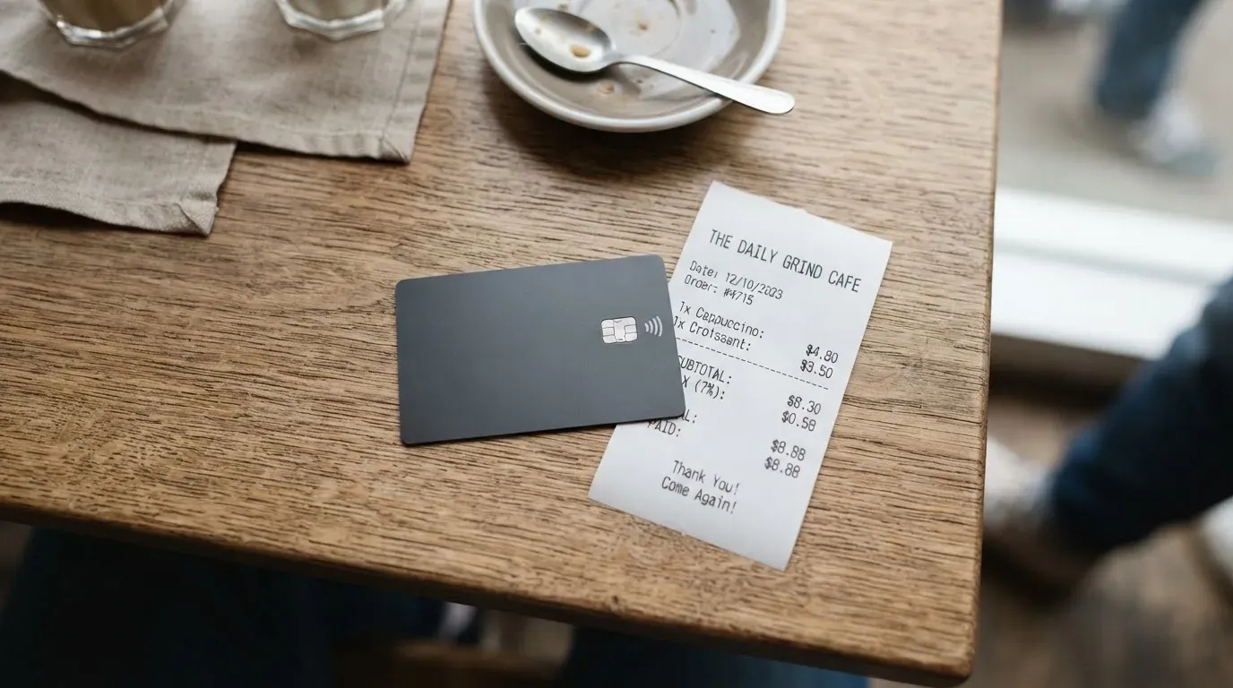 A receipt and a card on a café table