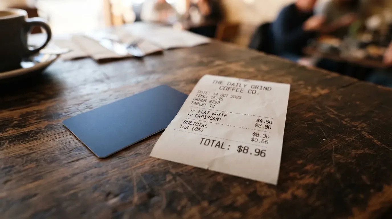 A receipt and a card on a café table
