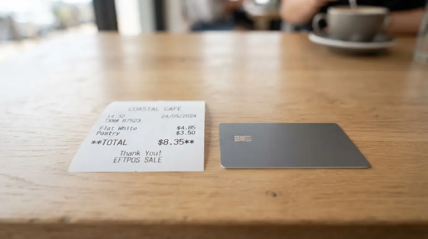 A receipt and a card on a café table