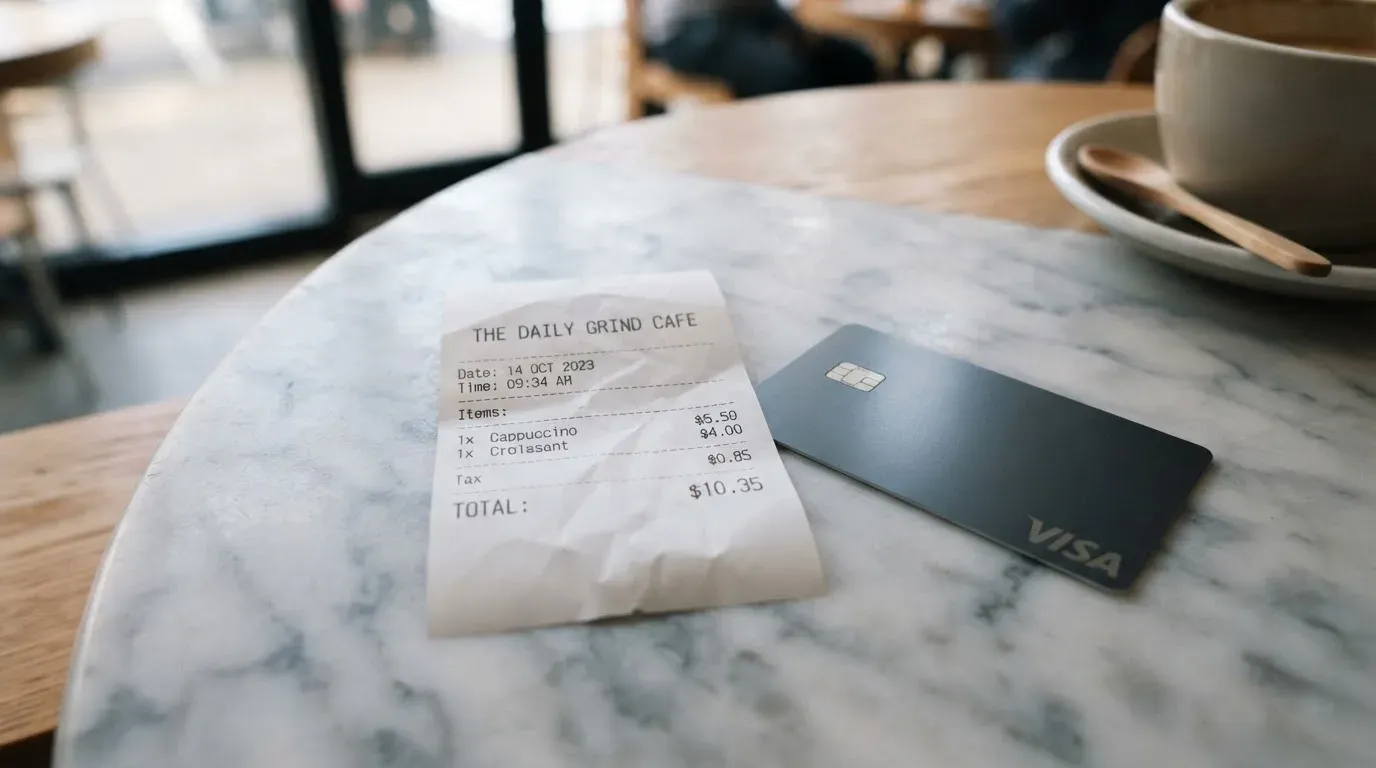 A receipt and a card on a café table