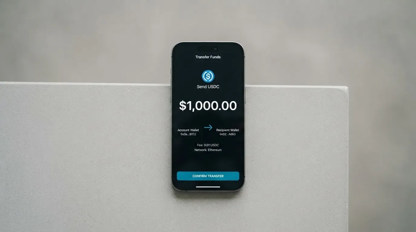 A phone showing a stablecoin transfer screen