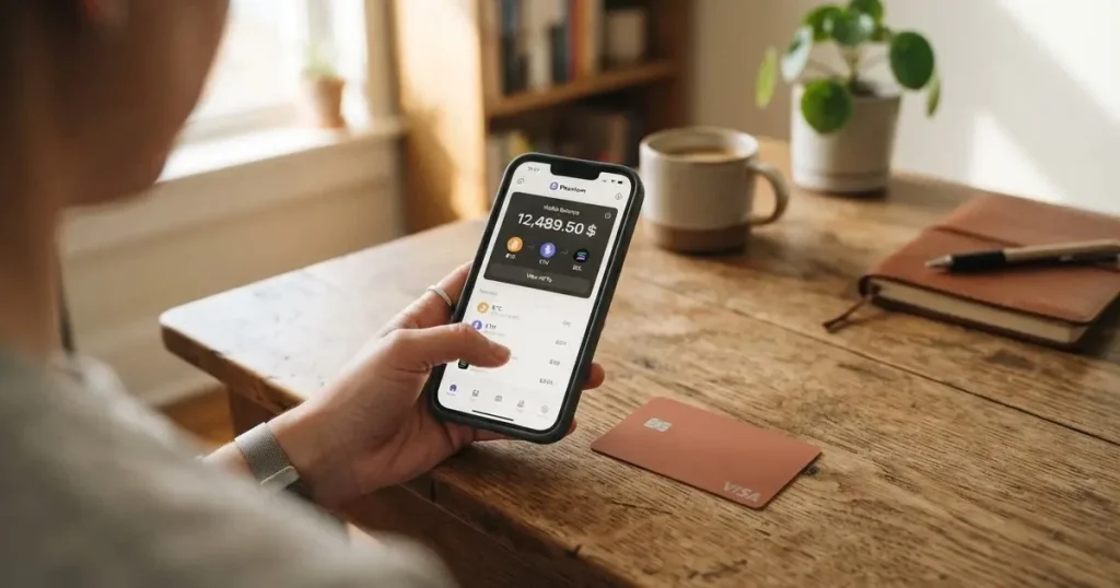 A payment card next to a phone with a crypto wallet app open
