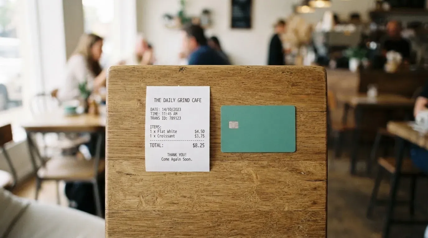 A receipt and a card on a café table