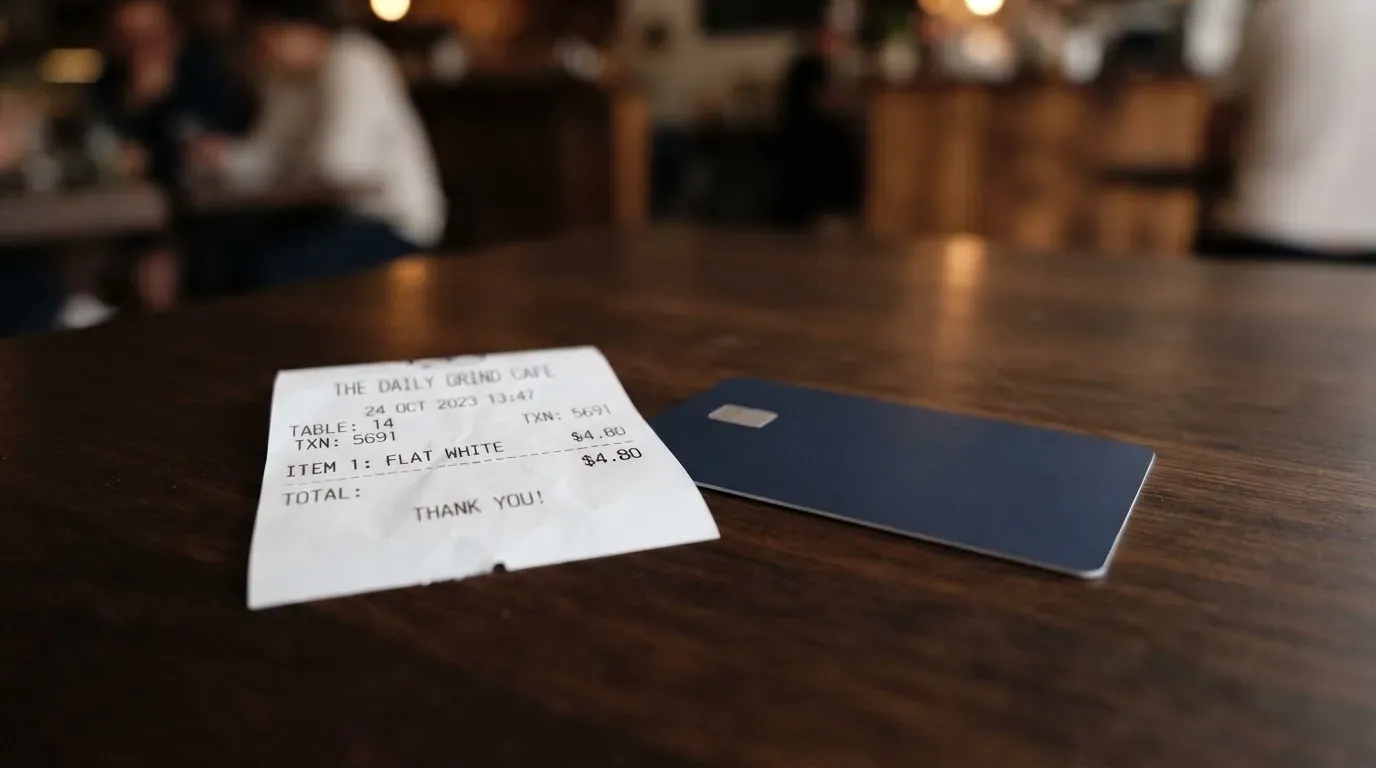 A receipt and a card on a café table