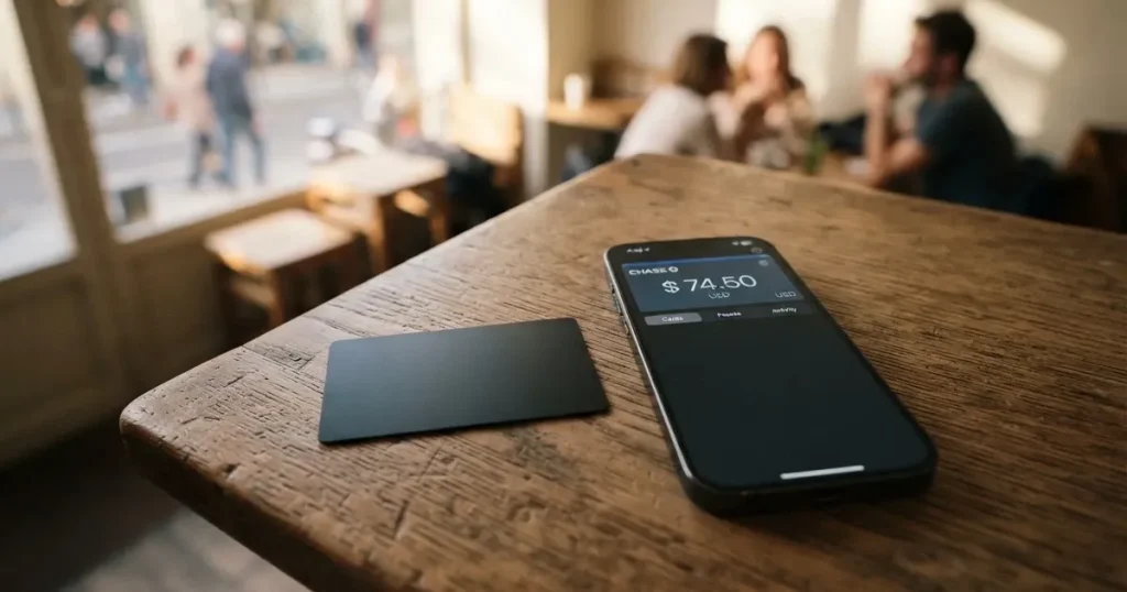 A payment card next to a phone with a crypto wallet app open