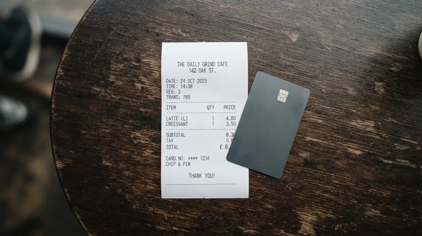 A receipt and a card on a café table