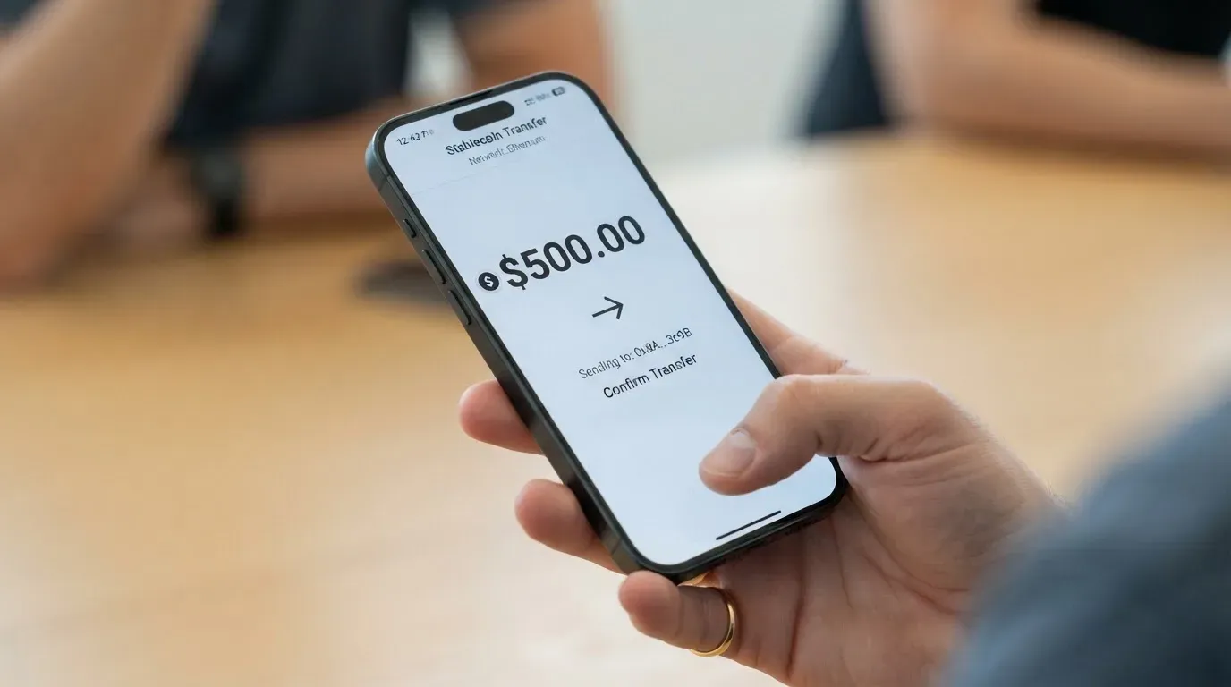 A phone showing a stablecoin transfer screen