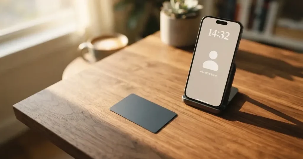 A payment card next to a phone with a crypto wallet app open
