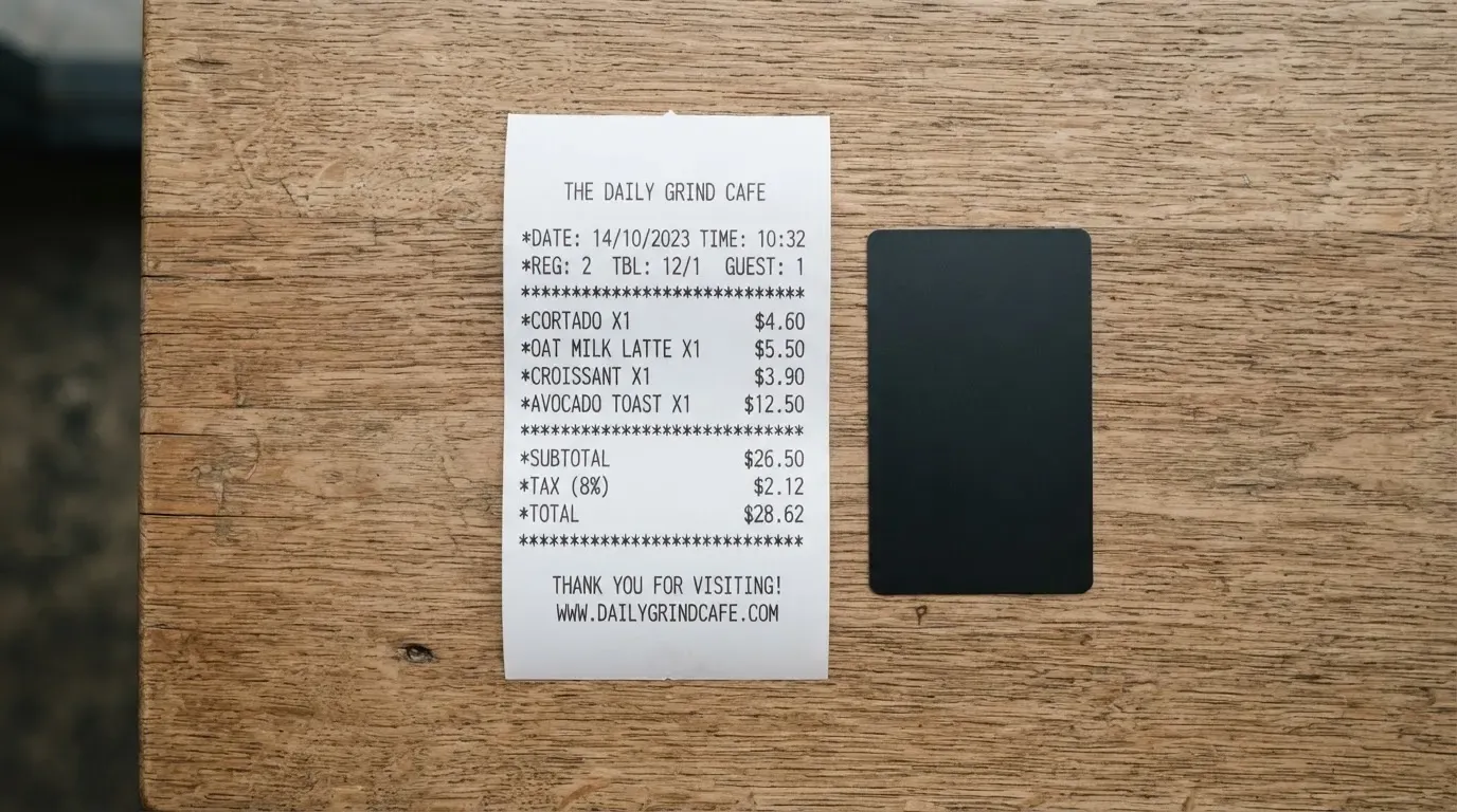 A receipt and a card on a café table