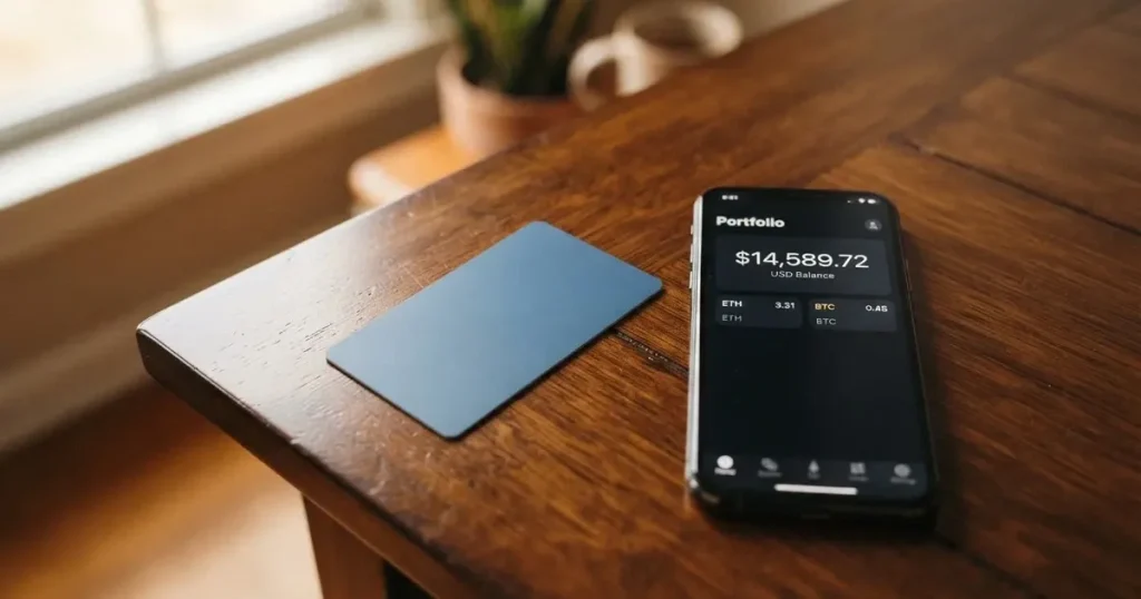 A payment card next to a phone with a crypto wallet app open