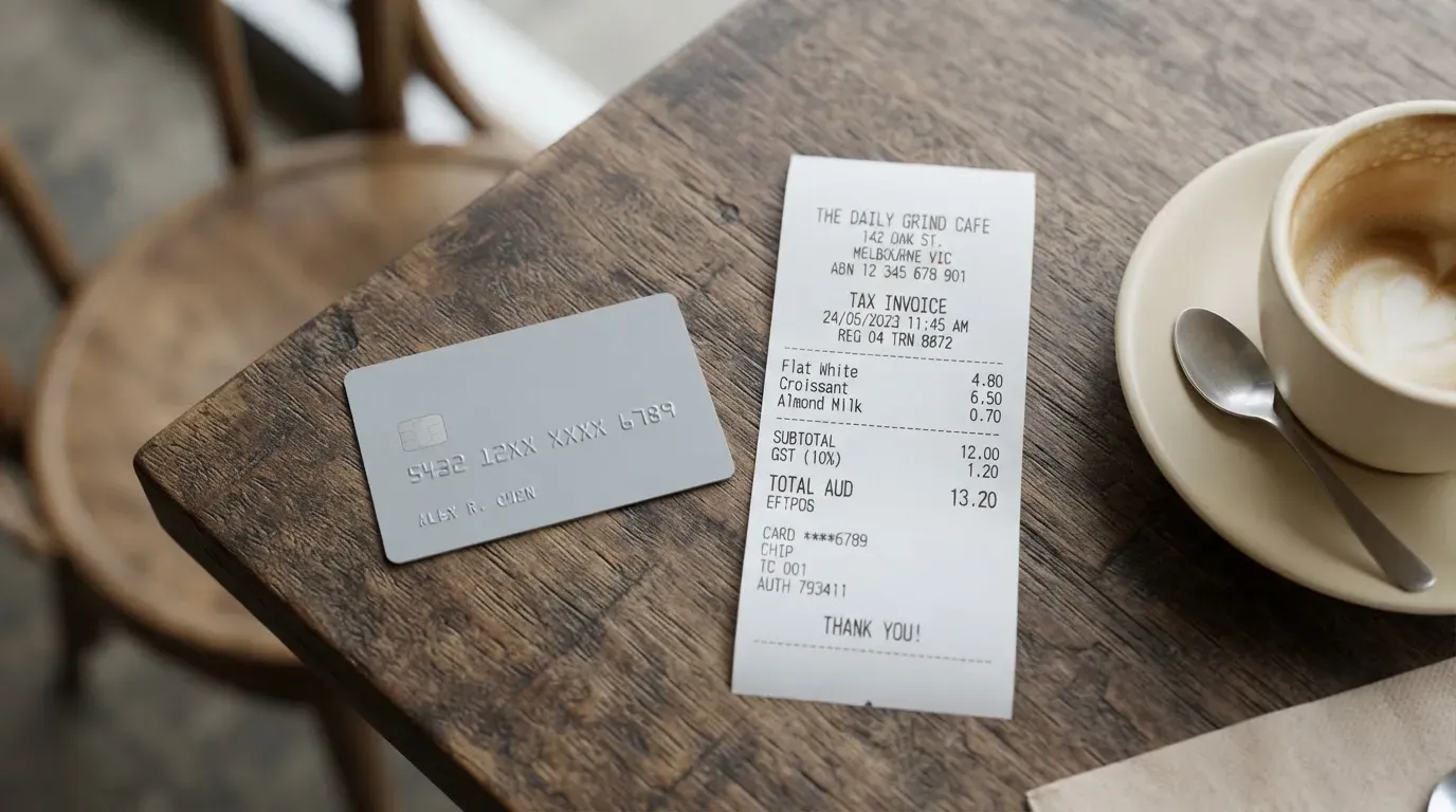 A receipt and a card on a café table